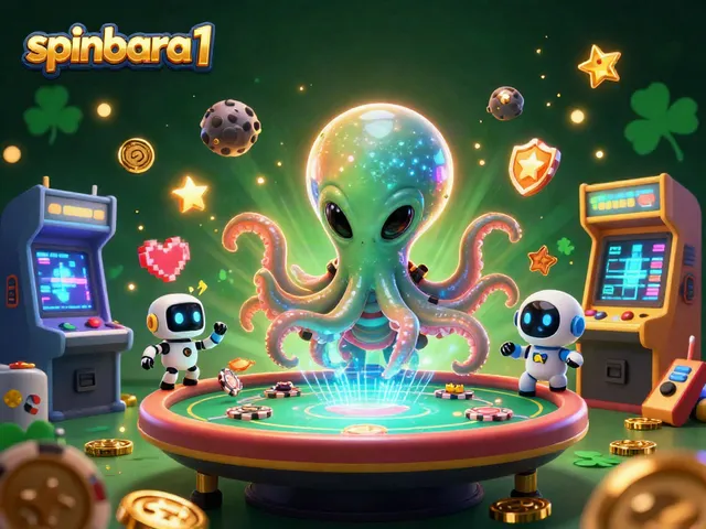 Experience gaming excitement at spinbara 1 with an alien octopus and bustling casino elements.