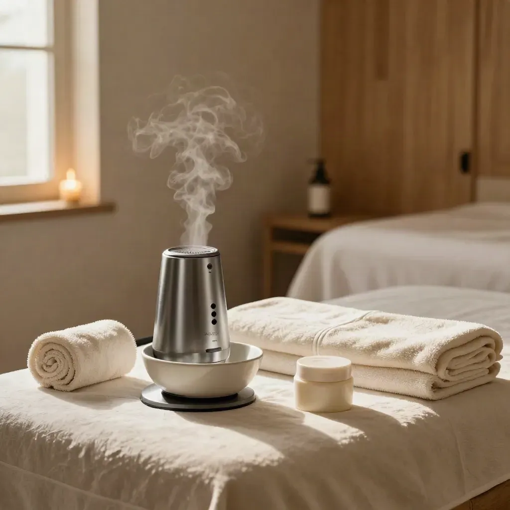 Vaporizador facial, cuenco cerámico, toallas enrolladas y crema en una sala cálida.