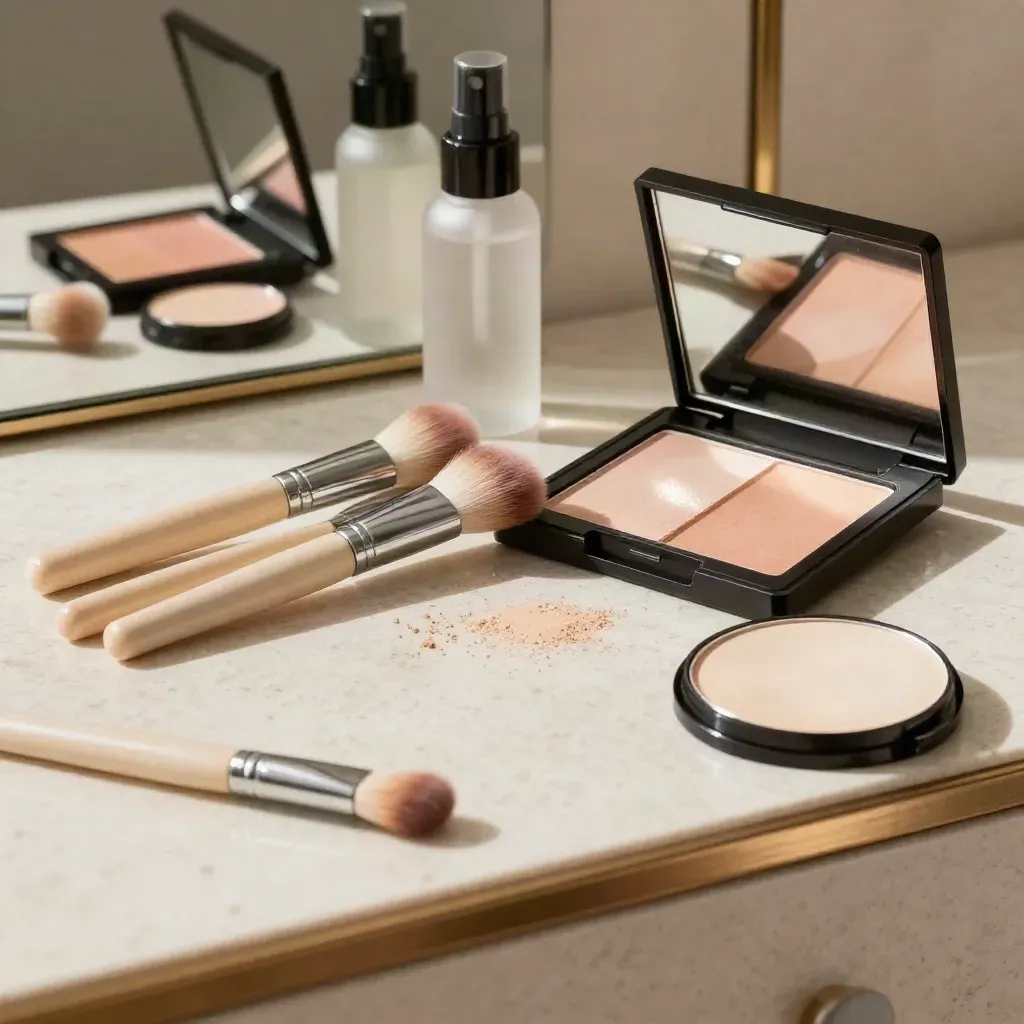 Estación de maquillaje con paleta, brochas, polvos y espejo pequeño en un salón elegante.