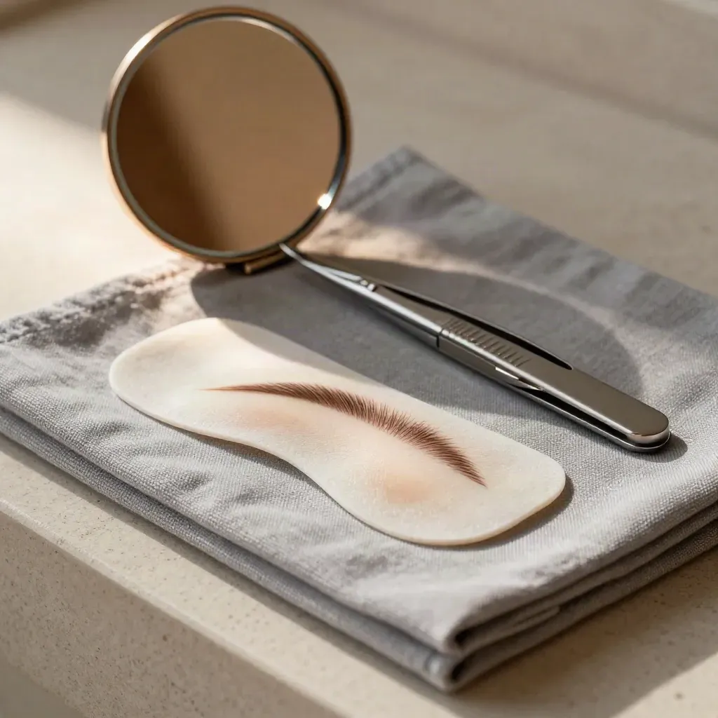 Kit de cejas con espejo, pinzas y cepillo sobre lino gris y piedra cálida, luz suave y cálida.