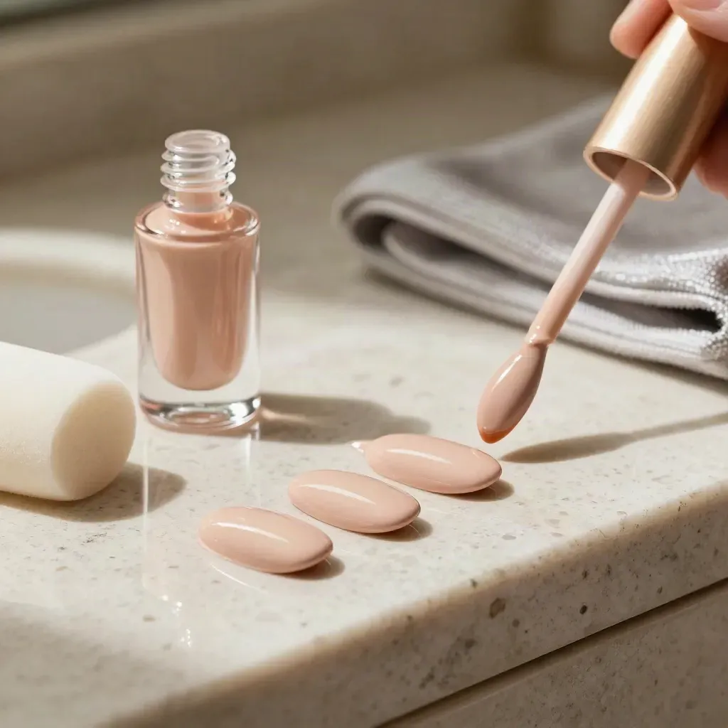 Rueda de muestras de manicura nude, botella de top coat, bloque pulidor y toalla sobre travertino.
