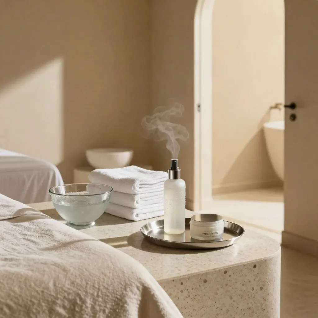 Sala facial vacía con camilla, gel refrescante, toallas, bruma y crema, luz cálida y vapor suave.