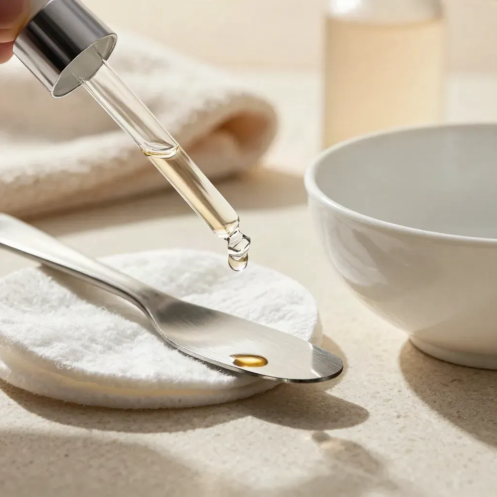 Macro de espátula facial, gota de sérum, algodones y cuenco cerámico sobre travertino.