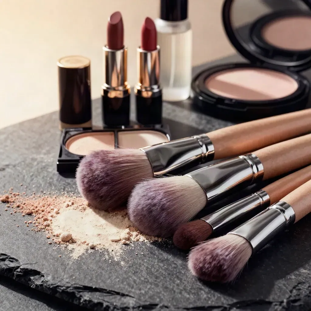 Brochas de maquillaje, polvos, labiales y bruma sobre piedra negra con luz dramática.