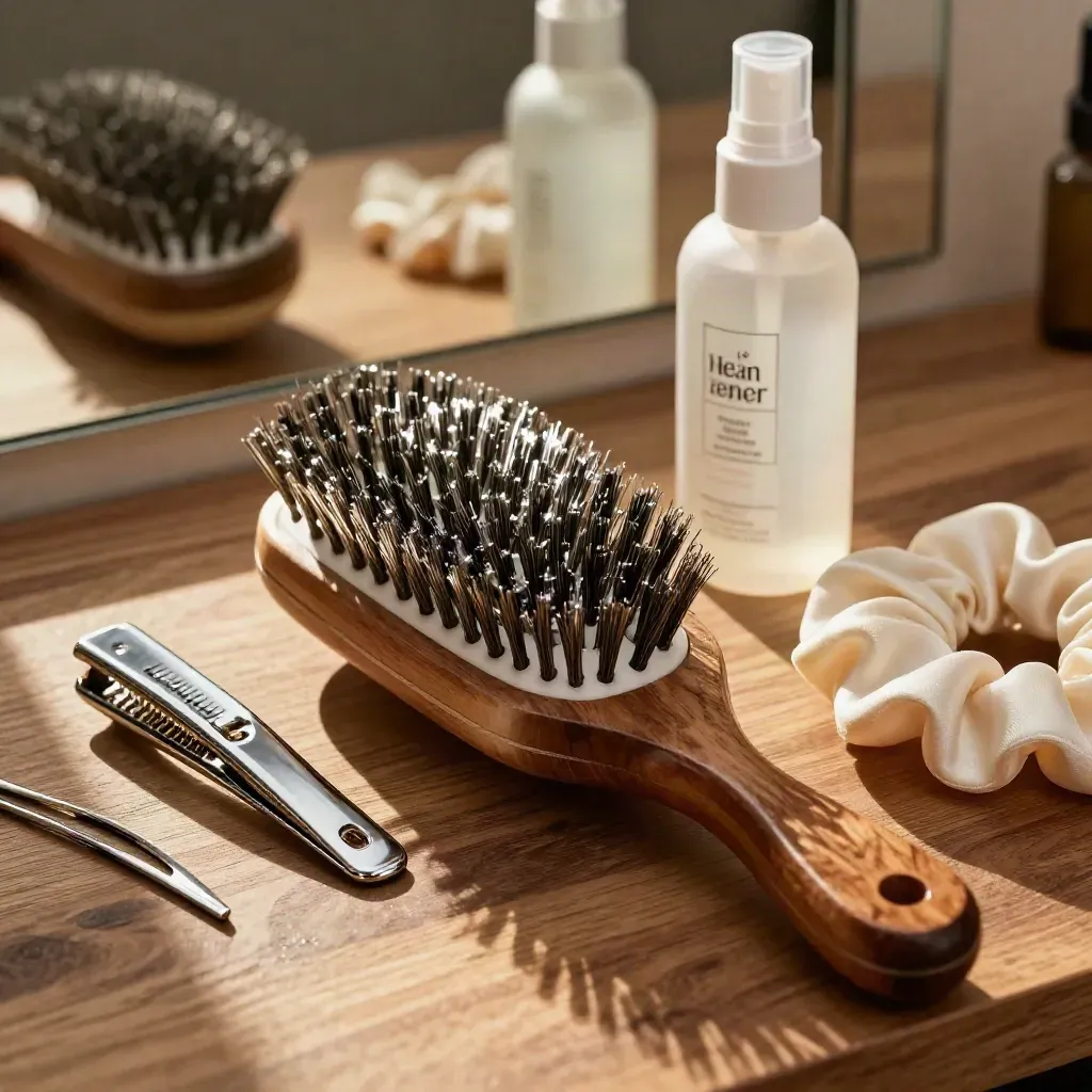 Cepillo redondo, pinzas, horquillas y sérum protector sobre mostrador de madera.