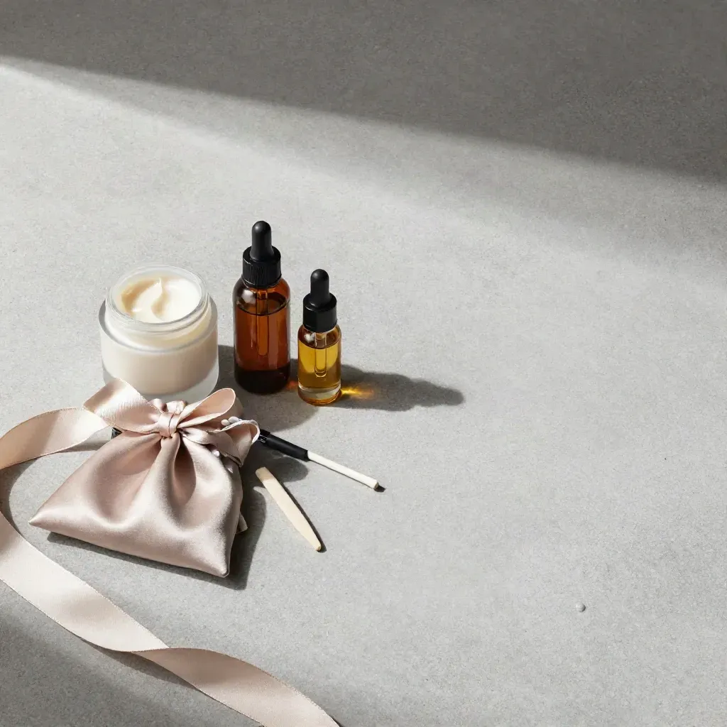 Kit postcuidado de belleza con crema, sérum, aceite, lima y bolsa de satén.