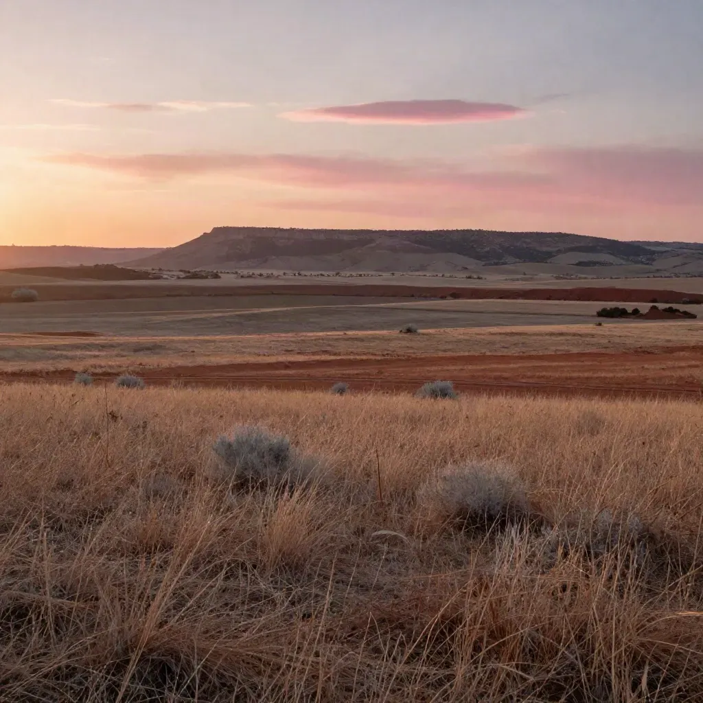 Paisaje amplio del sur de Madrid al atardecer, con llanura seca y una sierra lejana.