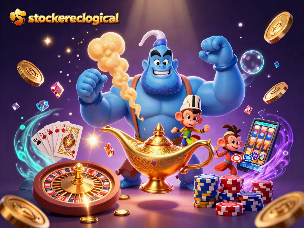 Engage with stoeckerecological's vibrant casino scene showcasing playful genie, monkey, and poker elements.