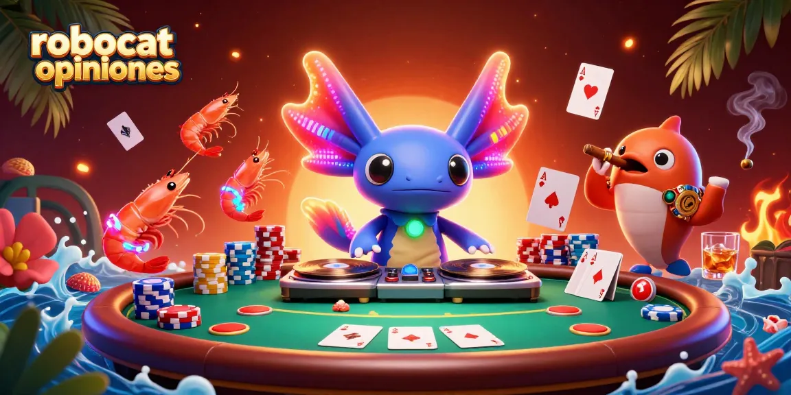 Experience the vibrant scene of robocat opiniones with a neon-themed casino atmosphere showcasing lively characters and poker action.